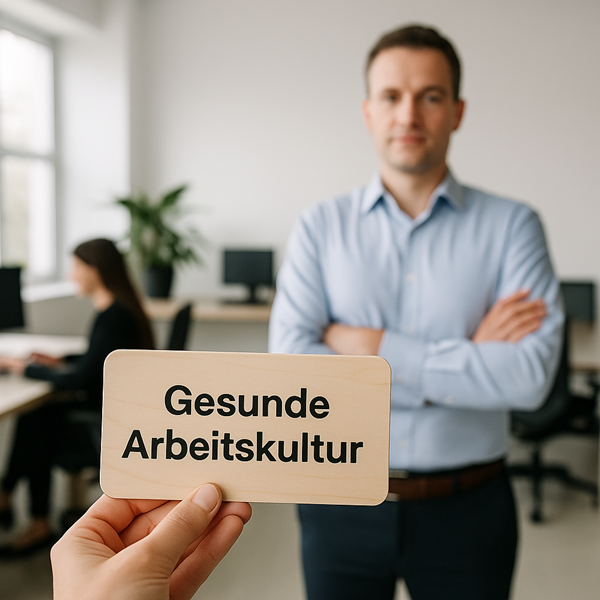 Modernes Büro mit natürlichem Licht, im Vordergrund ein Holzschild mit „Gesunde Arbeitskultur“, im Hintergrund ein Mitarbeiter mit verschränkten Armen – Symbolbild für bewusst gestaltete, gesunde Arbeitskultur.