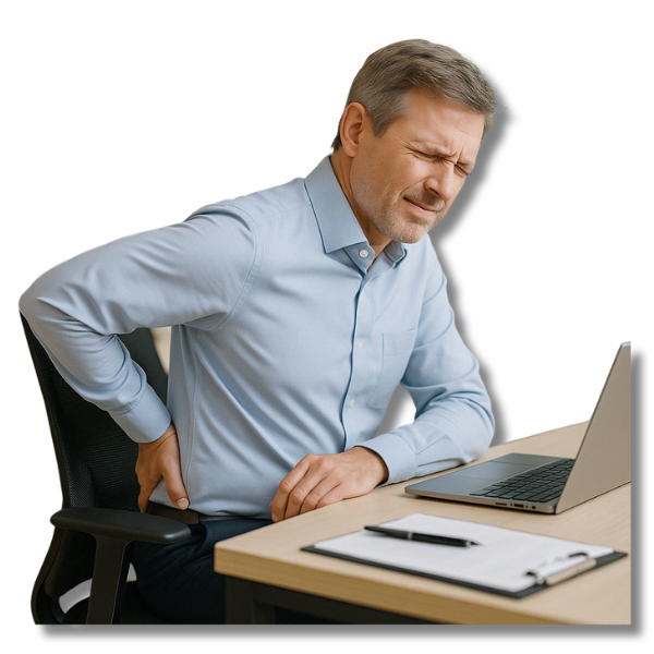 Business Mann im Büro mit schmerzverzerrtem Gesicht greift sich an den unteren Rücken – Symbolbild für ergonomische Herausforderungen und Risiken der 4-Tage-Woche im Büro