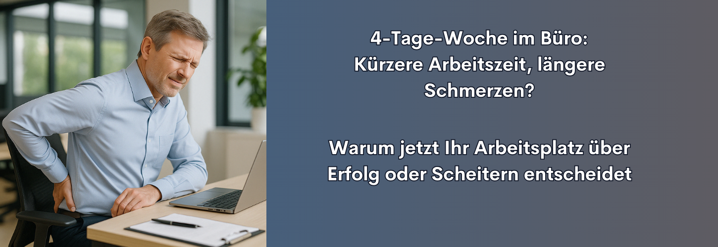 Mittelalter Mann im Büro mit schmerzverzerrtem Gesicht greift sich an den unteren Rücken – Symbolbild für ergonomische Herausforderungen und Risiken der 4-Tage-Woche im Büro