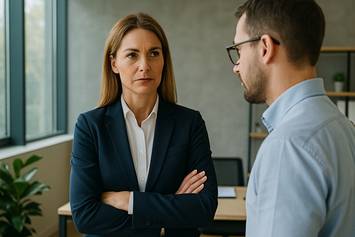 Entschlossene Führungskraft im Gespräch mit Mitarbeiter in modernem Büro – Symbolbild für gesunde, klare und verantwortungsvolle Führung durch tägliches Handeln.