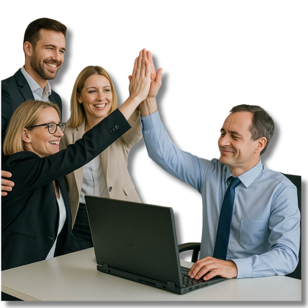 Erfolgreiches Team feiert im modernen Büro mit High-Five – Symbolbild für gesteigerte Mitarbeitermotivation und positive Effekte ergonomisch gestalteter Arbeitsplätze.