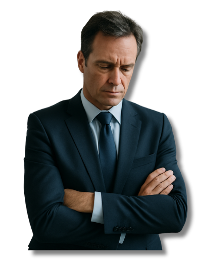Ernst blickender Geschäftsmann in Anzug steht mit verschränkten Armen in modernem Büro – Symbolbild für Selbstausbeutung im Businessanzug und die Risiken permanenter Überlastung.