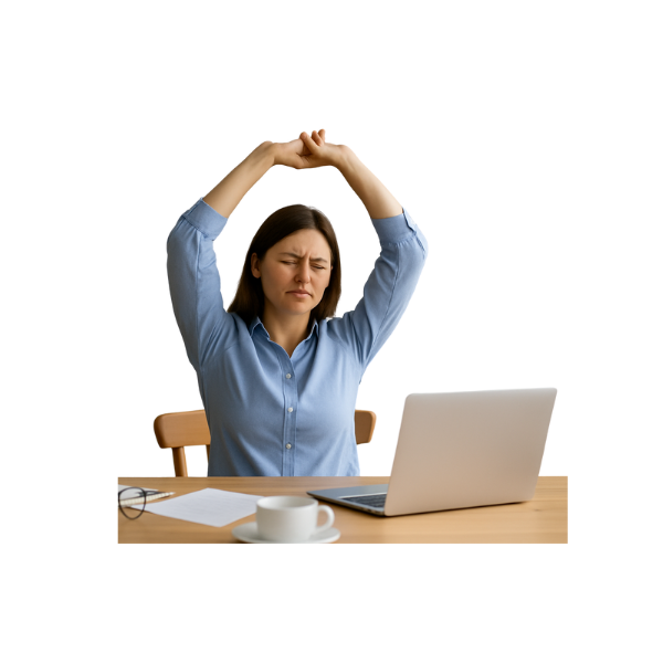 Erschöpfte Frau streckt sich am Küchentisch im Homeoffice, umgeben von Laptop, Brille und Kaffeetasse – Symbolbild für fehlende Grenzen und körperliche Belastung durch unstrukturierte Heimarbeit.