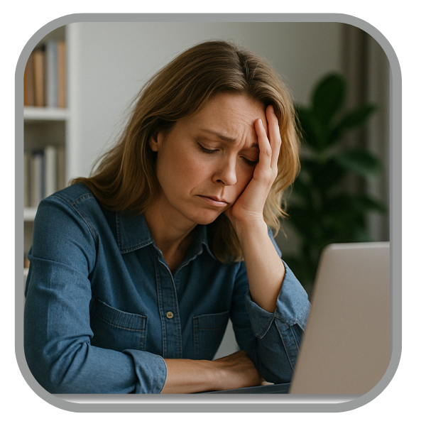Erschöpfte Frau im Homeoffice stützt müde den Kopf auf die Hand, sitzt vor Laptop – Symbolbild für mentale Belastung und Burnout-Gefahr.
