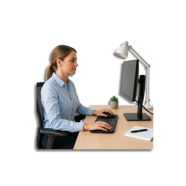 Fokussierte Frau arbeitet an einem ergonomisch eingerichteten Homeoffice-Arbeitsplatz mit Monitorarm, Schreibtischlampe und rückenschonendem Stuhl – Symbolbild für gesteigerte Produktivität und Wohlbefinden durch intelligente Arbeitsplatzgestaltung.
