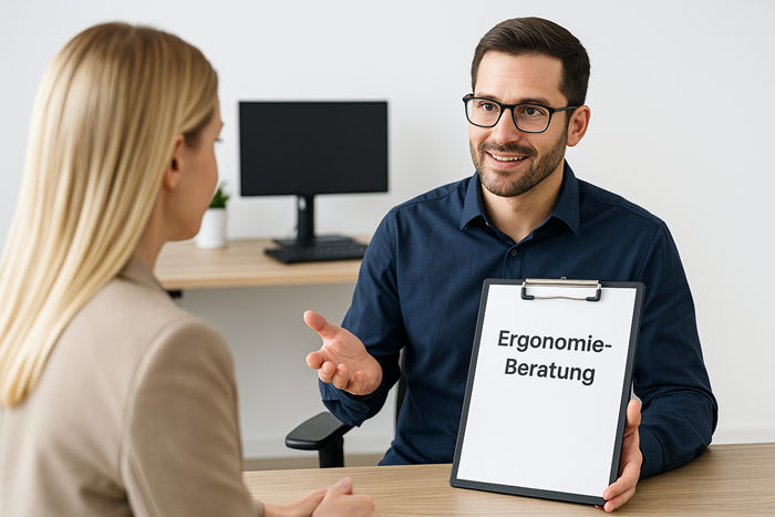 Freundlicher Ergonomieberater mit Brille erklärt einer Zuhörerin ein Konzept am Schreibtisch, während er ein Klemmbrett mit der Aufschrift „Ergonomie-Beratung“ hält – Symbolbild für fundierte Analyse und individuelle Beratung im Realitätscheck.