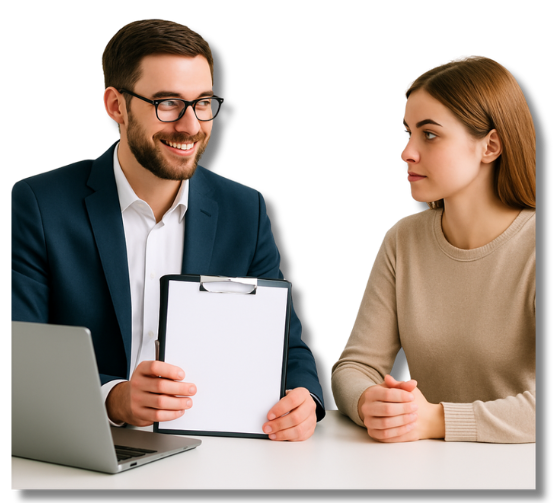 Geschäftsmann im Gespräch mit junger Frau an einem Schreibtisch, beide fokussiert – Symbolbild für verantwortungsvolle Beratung zu psychischer Gesundheit, Arbeitsplatzanalyse und gesunden Ausbildungsplätzen.