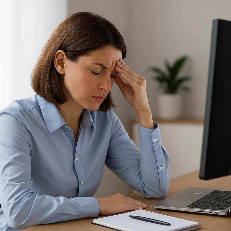 Gestresste Frau sitzt an einem ergonomisch unzureichend eingerichteten Arbeitsplatz, hält sich die Stirn – Symbolbild für unvollständige Büroergonomie und die Notwendigkeit eines ganzheitlichen Ansatzes.