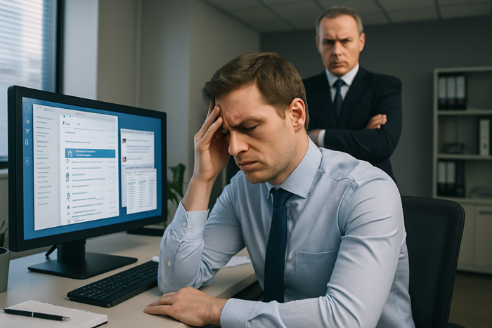 Gestresster Angestellter sitzt verzweifelt am Schreibtisch, während ein streng blickender Vorgesetzter ihn kontrollierend beobachtet – Symbolbild für Mikromanagement und daraus resultierende Anspannung am Arbeitsplatz.