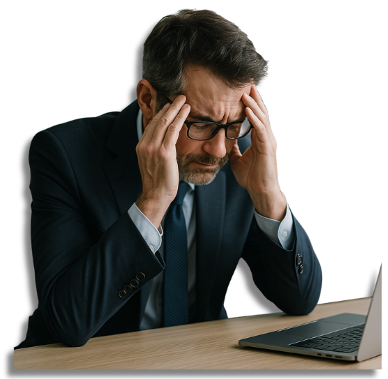 Gestresster Geschäftsmann hält sich in moderner Büroumgebung den Kopf – Symbolbild für die Folgen von Workaholic im Unternehmen, Burnout und den Zusammenbruch gesunder Arbeitsstrukturen.