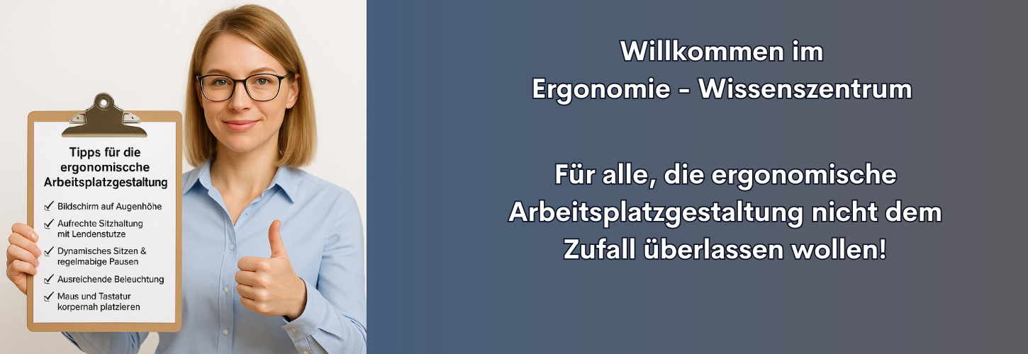 Lächelnde Frau mit Brille hält ein Klemmbrett mit Tipps zur ergonomischen Arbeitsplatzgestaltung in deutscher Sprache – Symbolbild für fundiertes Wissen und praxisnahe Unterstützung im Bereich Ergonomische Arbeitsplatzgestaltung.