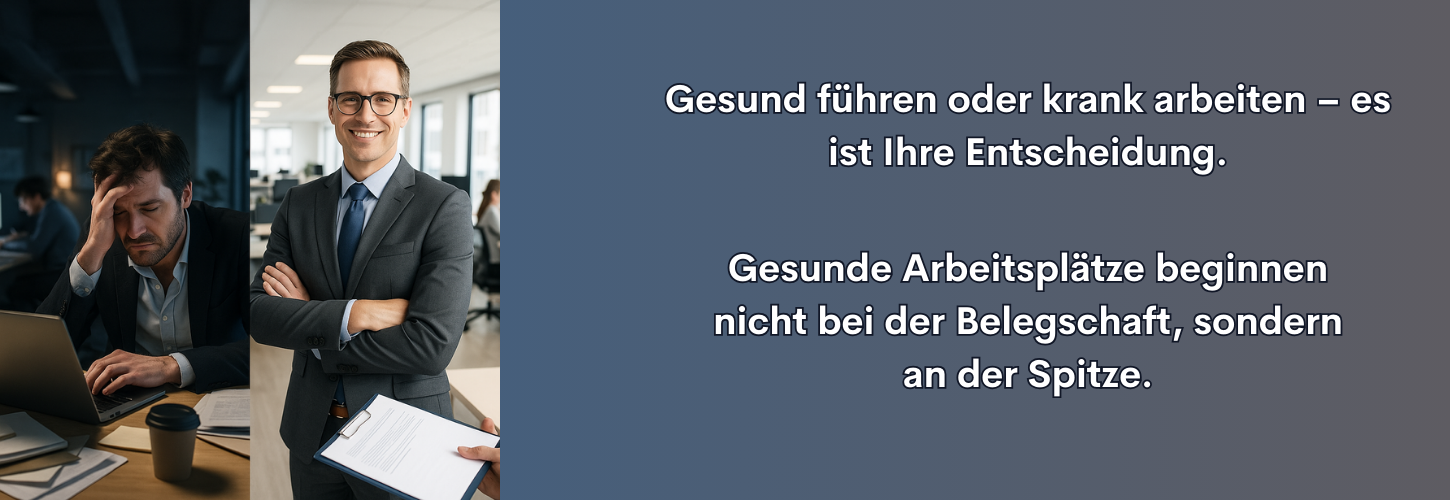 Split-Bild zeigt links eine chaotische, dunkle Bürowelt mit erschöpftem Mitarbeiter und rechts eine helle, aufgeräumte Büroumgebung mit motiviertem Businessmann – Symbolbild für den Einfluss von Führungskräften und gesunde Arbeitsplätze.