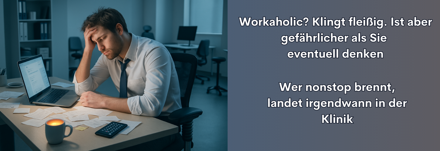 Erschöpfter Mann im Business-Outfit sitzt spätabends allein im Büro und arbeitet am Laptop – Symbolbild für Workaholic im Unternehmen und die Risiken dauerhafter Überbelastung.