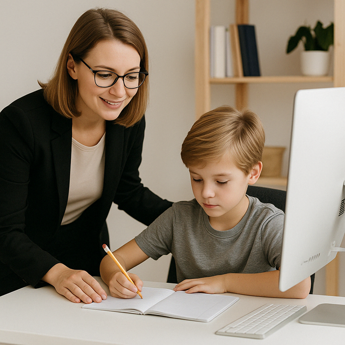Junge zu Hause beim Lernen an einem ergonomisch gestalteten Schreibtisch – Symbolbild für gesundes und entwicklungsförderndes Homeschooling mit HUMAN PLUS Homeschooling.