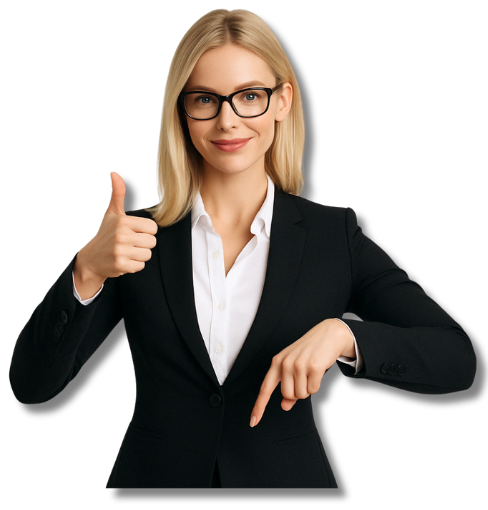 Junge blonde Business-Frau mit Brille zeigt Daumen hoch und deutet mit der anderen Hand nach unten – Symbolbild für positive Entscheidung und klare Handlungsaufforderung.