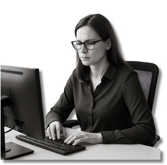 Konzentrierte Frau arbeitet an ergonomischem Homeoffice-Arbeitsplatz – Symbolbild für professionelle Homeoffice Arbeitsplatzgestaltung und nachhaltige Mitarbeitergesundheit mit HUMAN PLUS Homeoffice.