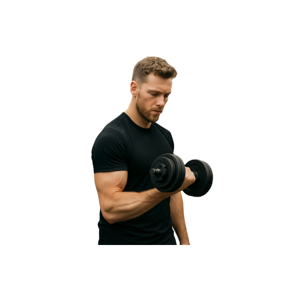 Konzentrierter, sportlicher Mann in den Dreißigern hebt eine Hantel im Fitnessstudio – Symbolbild für gezieltes Muskeltraining und Prävention körperlicher Degeneration ab dem 30. Lebensjahr.