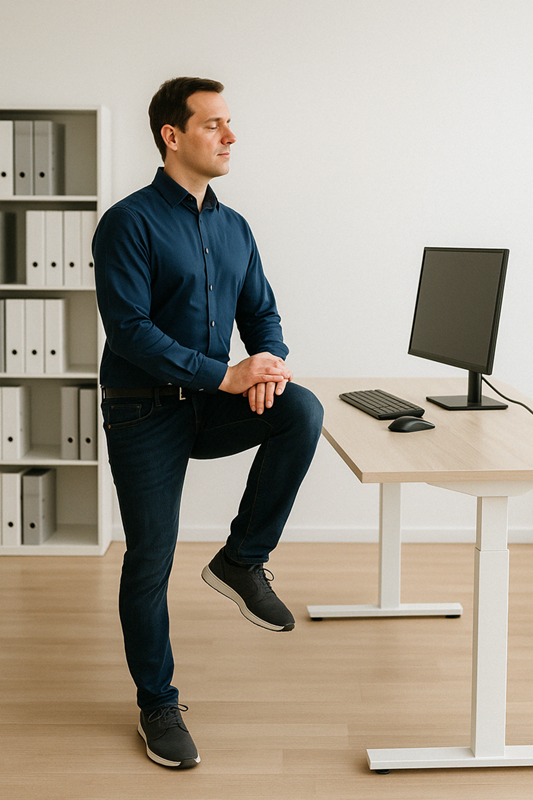 Mann im modernen Büro macht aktive Pause am höhenverstellbaren Schreibtisch – Symbolbild für dynamisches Arbeiten und effektive Prävention von Rückenschmerzen im Büroalltag.