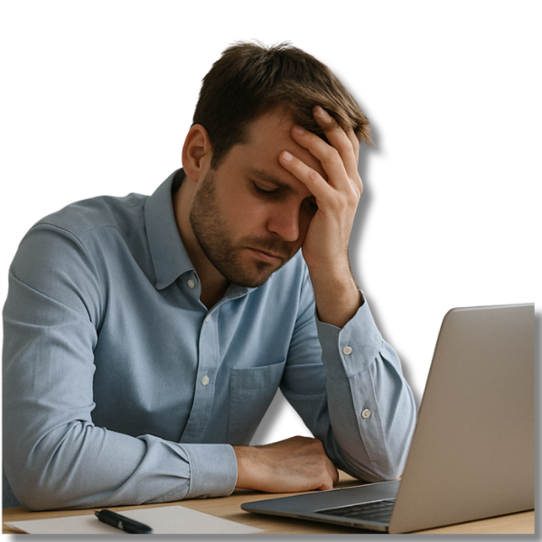 Gestresster Business-Mann im Homeoffice am Schreibtisch mit Laptop – Symbol für Überlastung und fehlende Work-Life-Balance
