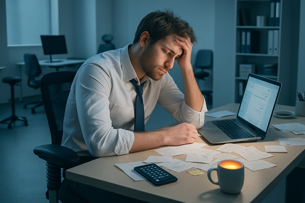 Erschöpfter Business Mann sitzt spätabends allein im Büro und arbeitet am Laptop – Symbolbild für Workaholic im Unternehmen und die Risiken dauerhafter Überbelastung.