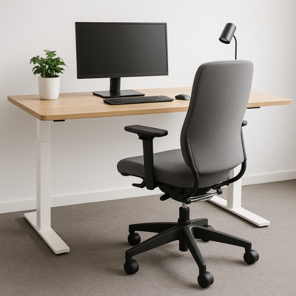 Modern eingerichteter Arbeitsplatz mit höhenverstellbarem Schreibtisch und BIOSWING Bürostuhl – Symbolbild für ergonomische Arbeitsplatzgestaltung und dynamisches Arbeiten im Büro.