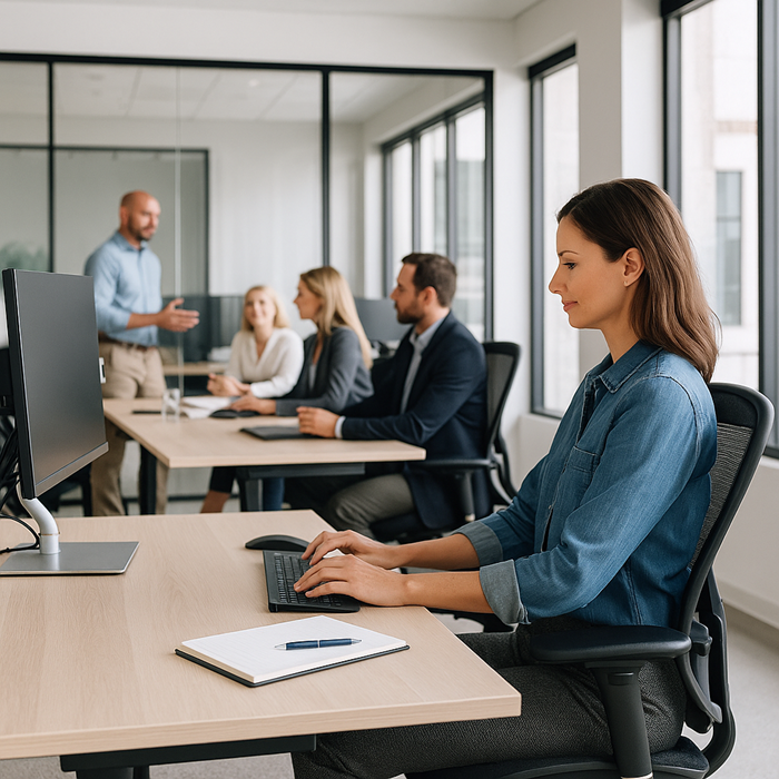 Moderner, lichtdurchfluteter Büroraum mit ergonomisch gestalteten Arbeitsplätzen, konzentrierter Mitarbeiterin im Vordergrund und Meetinggruppe im Hintergrund – Symbolbild für die Verbindung von Führung und gesunder Arbeitskultur.