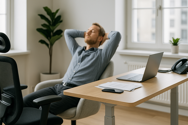 Modernes Büro mit ergonomisch gestalteten Arbeitsplätzen und entspannter Atmosphäre – Symbolbild für gesunde Führungskultur, Schutzräume zur Erholung und Förderung von Pausenkultur am Arbeitsplatz.