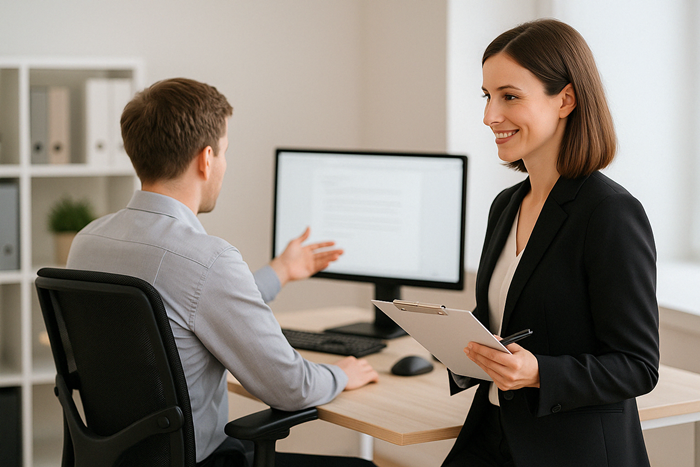 Professionelle Beraterin mit Klemmbrett führt eine ergonomische Arbeitsplatzanalyse in einem modernen Büro durch – Symbolbild für individuelle Beratung und praxisnahe Ergonomielösungen.