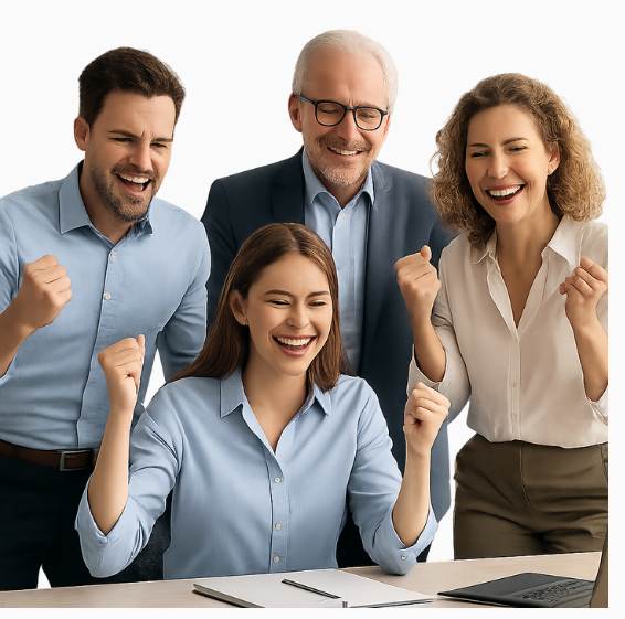 Glückliches Team von Büroangestellten in moderner Umgebung – die positive Stimmung zeigt die Wirkung einer gelungenen Arbeitsplatzgestaltung in der Krise, nachdem der Arbeitgeber gezielt in ergonomische Lösungen investiert hat.