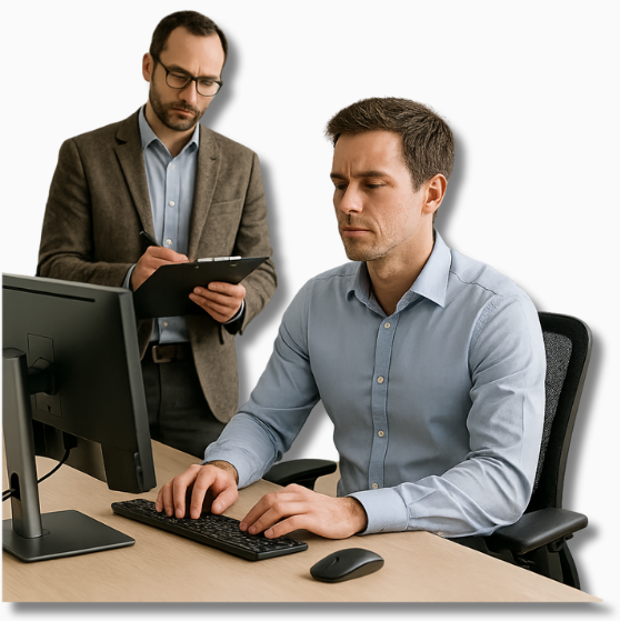 Ein Büroangestellter sitzt konzentriert an seinem Arbeitsplatz, während im Hintergrund ein Ergonomie-Berater mit Klemmbrett eine Arbeitsplatzanalyse durchführt – eine Szene, die exemplarisch für ergonomische Maßnahmen trotz Kostendruck steht.
