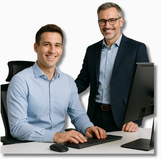 Ein Büroangestellter sitzt beschwerdefrei an seinem ergonomisch optimierten Arbeitsplatz, während ein Ergonomie-Berater im Hintergrund zufrieden das Ergebnis begutachtet – Symbolbild für erfolgreiche Prävention bei Karpaltunnelsyndrom im Büro.