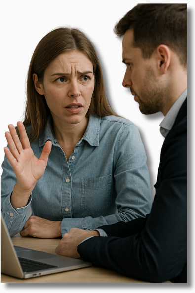 Eine Mitarbeiterin spricht angespannt mit einem Kollegen am Schreibtisch – das Bild zeigt ein typisches Szenario für psychische Belastung am Arbeitsplatz durch ungelöste Teamkonflikte.