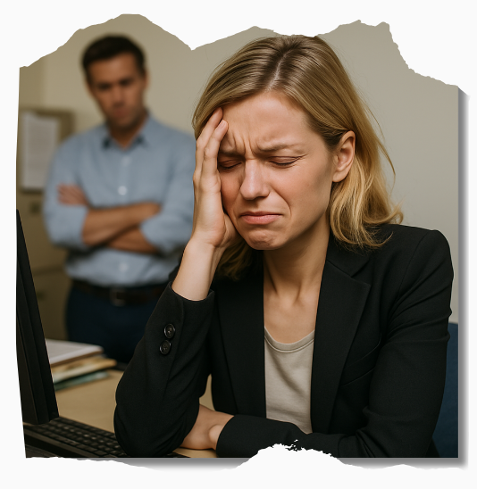 Junge Mitarbeiterin in einer Behörde mit schmerzverzerrtem Gesichtsausdruck und angespannter Körperhaltung am Arbeitsplatz. Symbolbild für psychische Belastung bei Behördenmitarbeitenden.