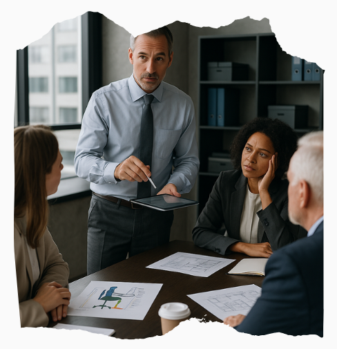 Berater präsentiert ergonomische Auswertungen in einem Business-Meeting – ein starkes Bild für Gesunde Führung in Unternehmen, die klar analysiert und praxisnah handelt.