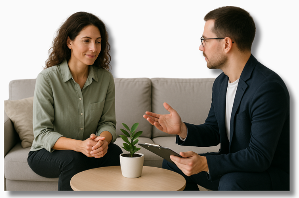 Ein Beratungsgespräch zwischen zwei Personen in entspannter Büroumgebung – das Bild steht exemplarisch für professionelle Unterstützung zum Thema Gesund Arbeiten im Büro.