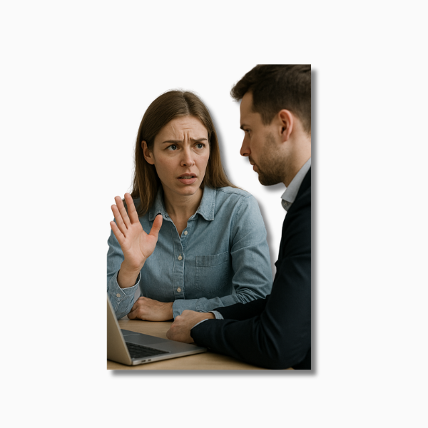 Blogbeitrag über psychische Belastung am Arbeitsplatz. Beispielbild zeigt zwei Kollegen, Mann und Frau in heftiger Diskussion