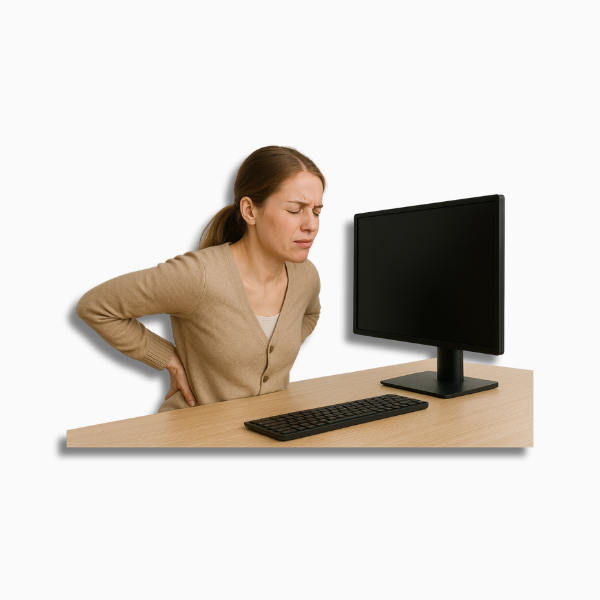 Büroangestellte die Krank zur Arbeit geht und sich mit Rückenschmerzen quält
