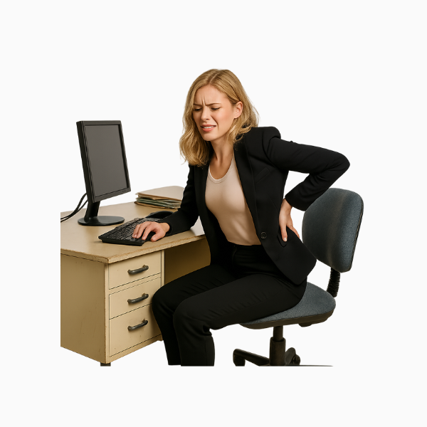 Blogbeitrag Ergonomieberatung für Behörden. Symbolbild für schlechte Arbeitsbedingungen in Behörden. Junge Angestellte an einen veralteten Arbeitsplatz inklusive Rückenschmerzen