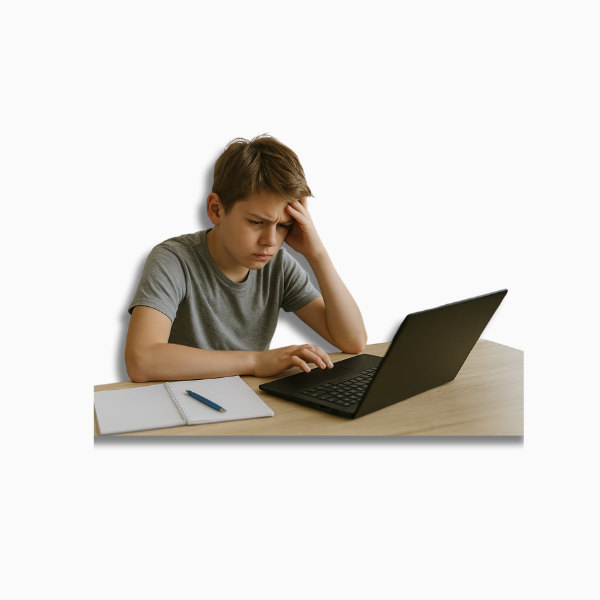 Blogbeitrag Ergonomie in der Schule. Symbolbild: Junge an einen schlecht eingerichteten Schülerarbeitsplatz