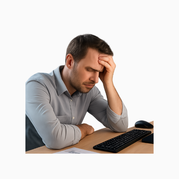 Blogbeitrag Falsch verstandene Loyalität. im Job. Symbolbild: Erschöpfter Business Mann an seinen Arbeitsplatz