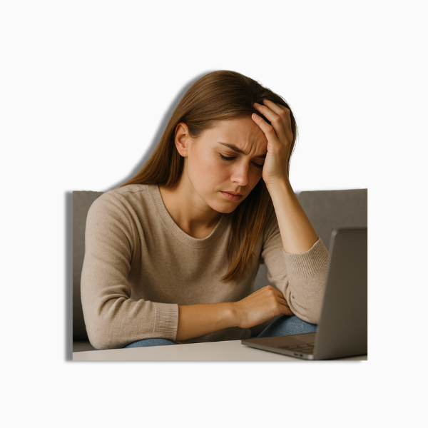 Eine erschöpfte Frau sitzt mit angespannter Haltung vor dem Laptop – das Bild verdeutlicht, wie fehlende Erholung und ständiger Leistungsdruck im Job zu mentaler und körperlicher Überlastung führen können.