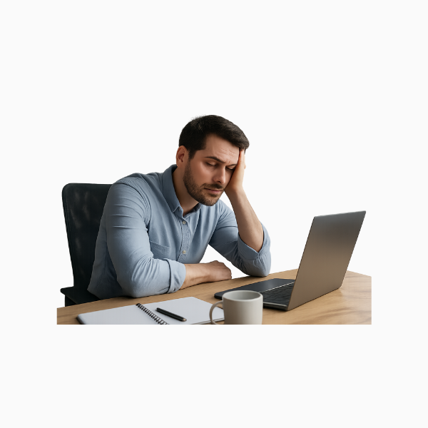 Blogbeitrag Motivationsverlust im Job. Sichtlich erschöpfter Mann an seinen Schreibtisch