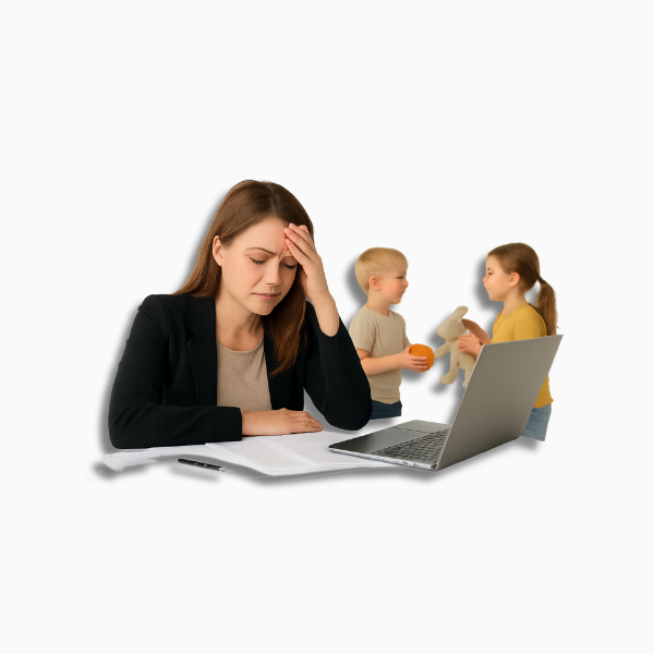 Blogbeitrag Work-Life-Balance verbessern. Symbolbild: Junge Mutter zu Hause am arbeiten, im Hintergrund zwei Kinder die streiten.