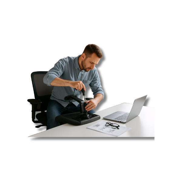 Blogbeitrag - ergonomische Fehlkäufe vermeiden: Business Mann versucht sein billige Monitorhalterung zu reparieren