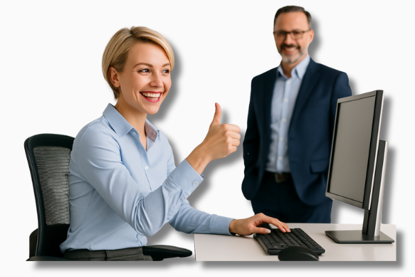 Eine motivierte Büroangestellte mit kurzen blonden Haaren arbeitet begeistert an ihrem modernen Schreibtisch, während sie ihrem Chef in der Nähe anerkennend den Daumen zeigt – ein Symbol für den Ergonomischer Arbeitsplatz für gesunde Unternehmen.