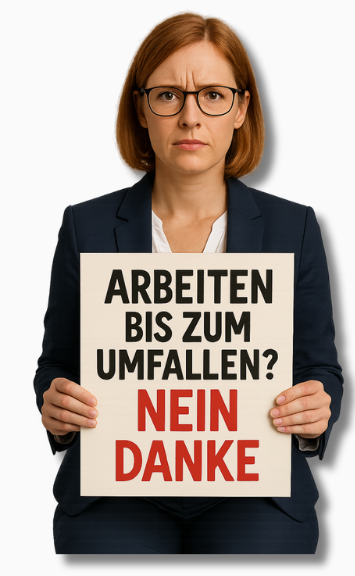 Eine junge Büroangestellte mit entschlossener Miene hält ein Schild mit der Aufschrift „Arbeiten bis zum Umfallen? Nein danke“ in den Händen – ein deutliches visuelles Statement gegen Überlastung und Dauerstress am Arbeitsplatz.