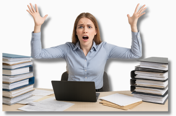 Eine junge, verzweifelte Büroangestellte reißt frustriert die Arme hoch, während sie an einem völlig überladenen Schreibtisch sitzt. Symbolbild von mangelnden Zeitmanagement im Arbeitsalltag. Das Bild zeigt eindrücklich die Überforderung durch zu viele Aufgaben, verstreute Akten und fehlende Struktur. Die Gestik und Mimik der Frau spiegeln den mentalen Druck und die Überlastung wider. Diese Szene macht sichtbar, wie wichtig effektives Zeitmanagement im Arbeitsalltag ist.