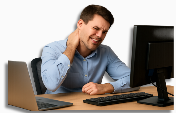 Ein junger Büroangestellter sitzt an einem ergonomisch mangelhaften Arbeitsplatz und greift sich mit schmerzverzerrtem Gesichtsausdruck an den Nacken – eine eindringliche Darstellung dafür, wie wichtig es ist, die Gesundheit am Arbeitsplatz sichern zu können.