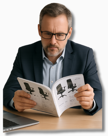 Ein Entscheider mittleren Alters mit seriösem Blick sitzt an einem modernen Arbeitsplatz und blättert aufmerksam in einem Bürostuhlkatalog – auf der Suche nach einem vermeintlichen Schnäppchen, ohne die langfristige Rückengesundheit im Büro im Blick zu haben.