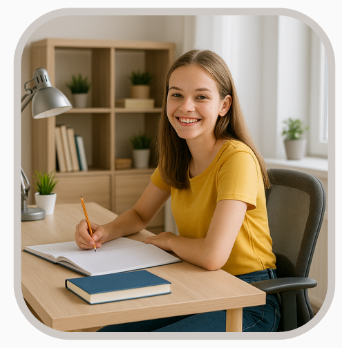 Ein fröhliches Mädchen sitzt an einem aufgeräumten Schreibtisch und macht konzentriert Hausaufgaben – das Bild zeigt einen optimal eingerichteten ergonomischen Schülerarbeitsplatz mit guter Sitzhaltung und angenehmer Lernatmosphäre.